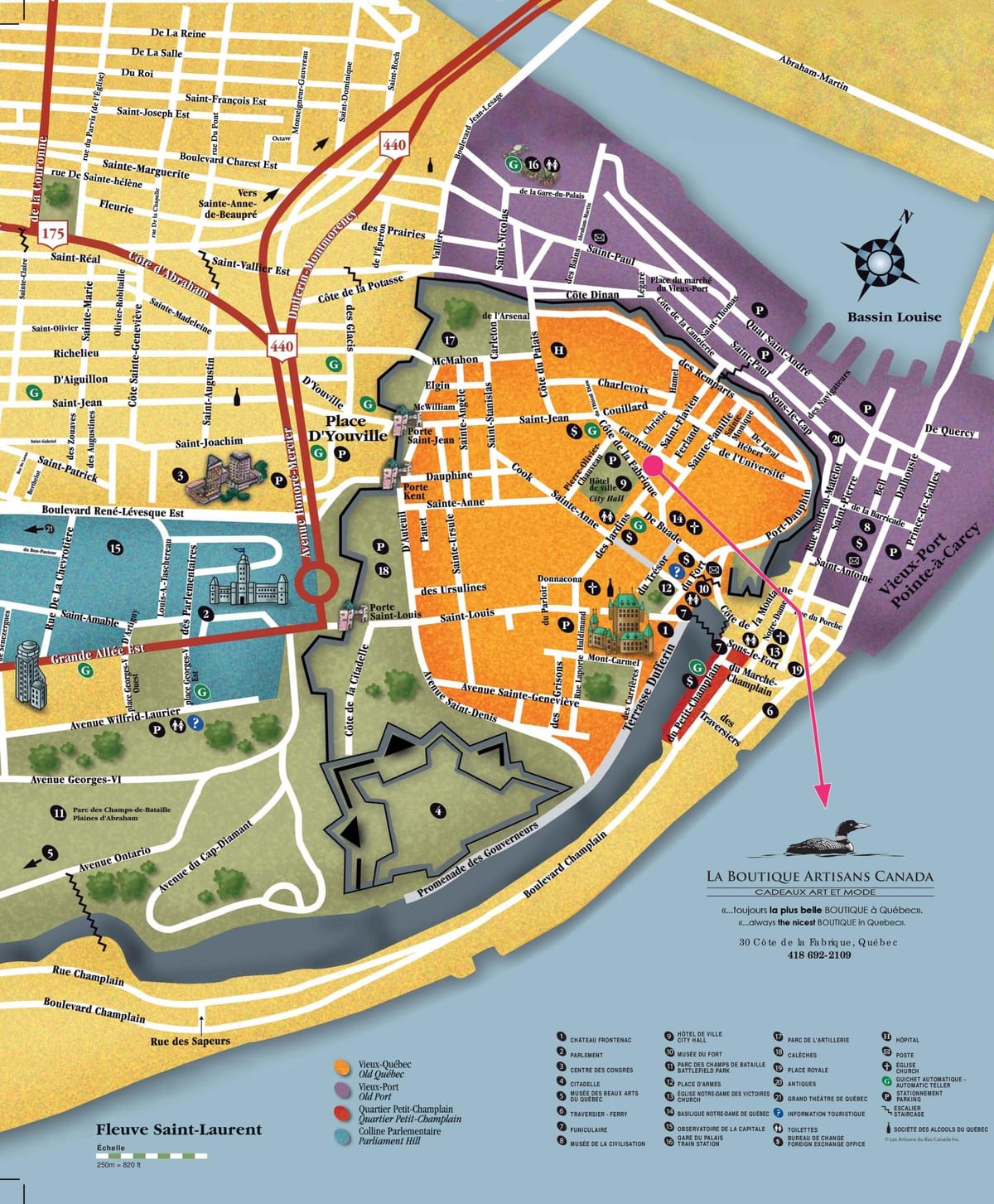 het oude Quebec City attracties kaart